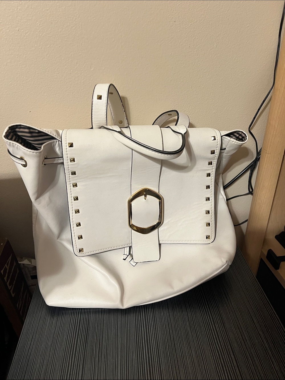Gianni Bini White Backpack Satchel with Gold Buckle and Stud Trim